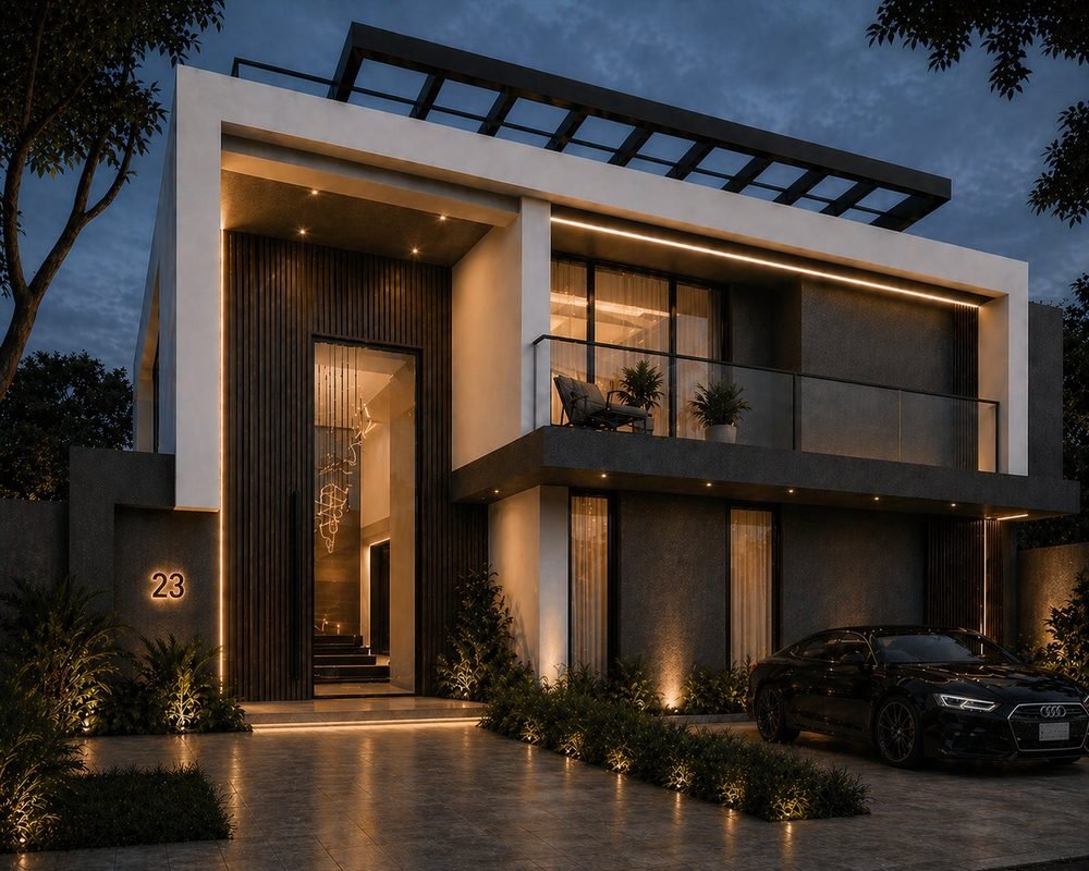 Fachada residencial nocturna
