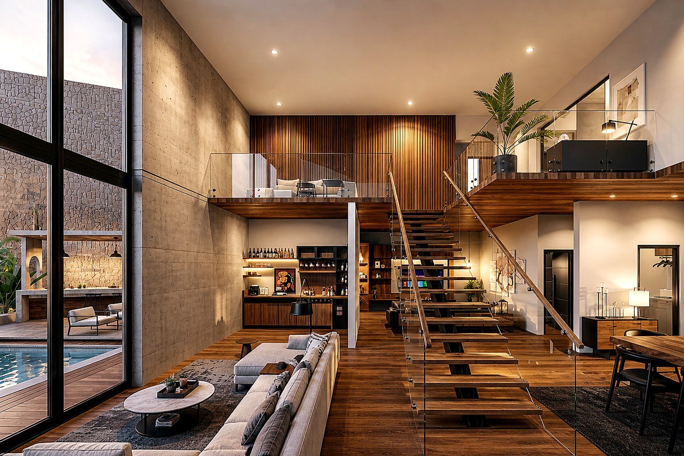 Interior ONIRA — espacio de doble altura